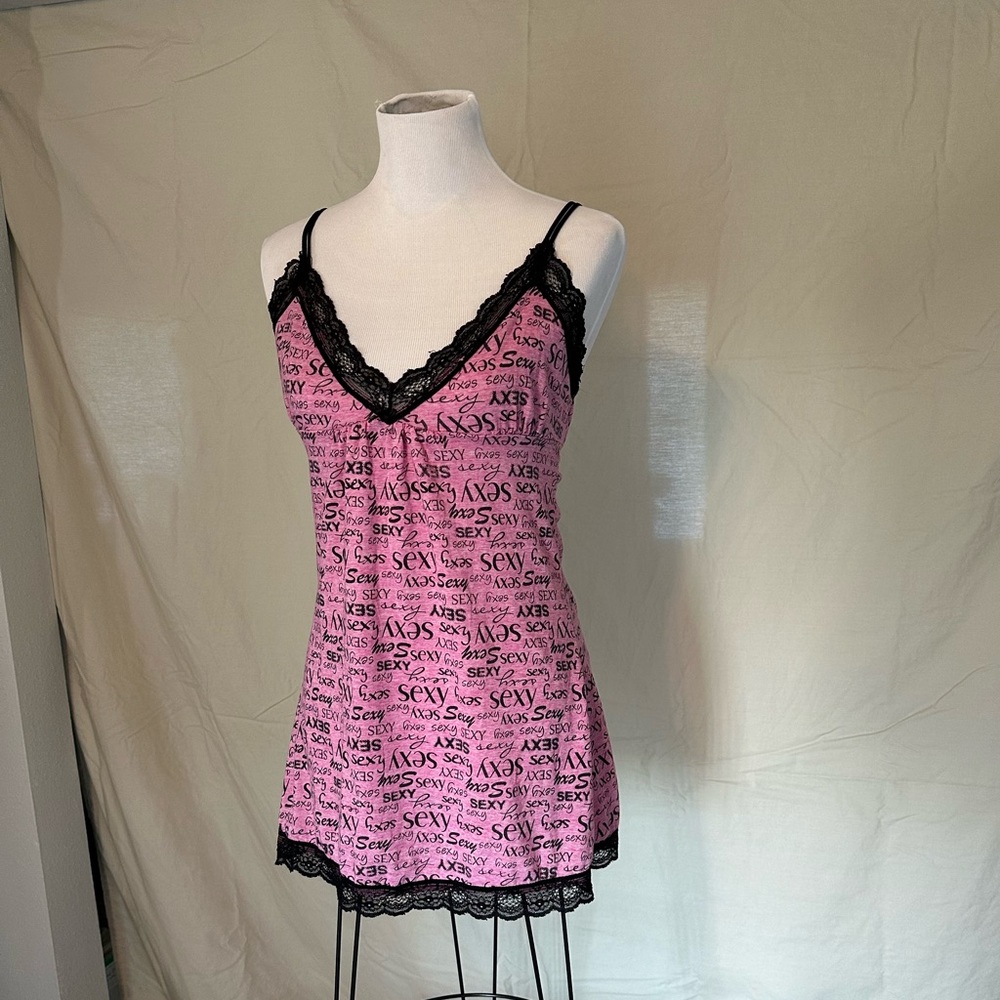 Pink & Black Lace Chemise Pucker Up! Mini slip nightgown sexy sz large pajamas